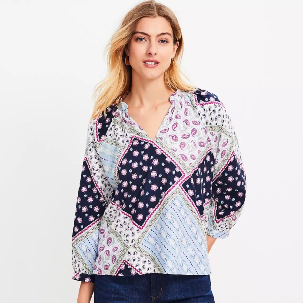 Loft Women’s Linen Blend Paisley Print V-Neck Top Size Medium